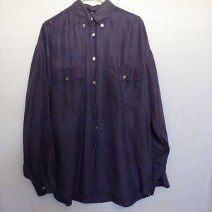Patrick Hellmann 100% Silk Button down Long Sleeve Mens Navy Shirt XL